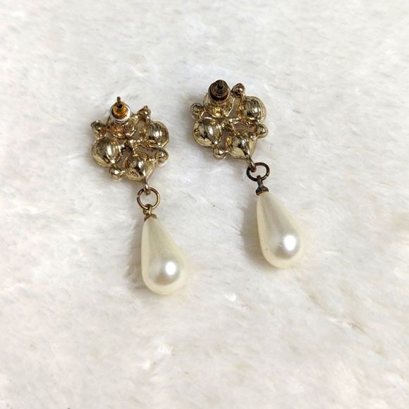 Vintage Clear Rhinestone/Faux Pearl Drop Pierced Earrings - Picture 4 of 9